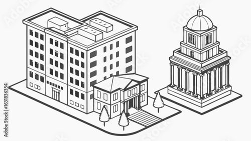 Isometric Line Art Illustration of City Buildings and Government Building.