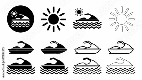 Collection of jet ski icons with sun and water waves in black and white design elements illustration silhouette