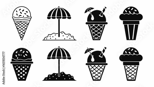 Illustration showing ice cream cones and beach umbrellas in a black and white summer themed pattern design silhouette