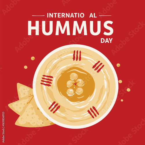A vector illustration celebrating International Hummus Day, featuring a bowl of creamy hummus dip with chickpeas and pita bread. (er 123).eps