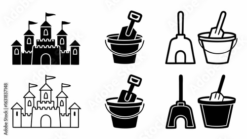Illustration showing sand castle designs and beach toys such as buckets and shovels in black and white silhouette