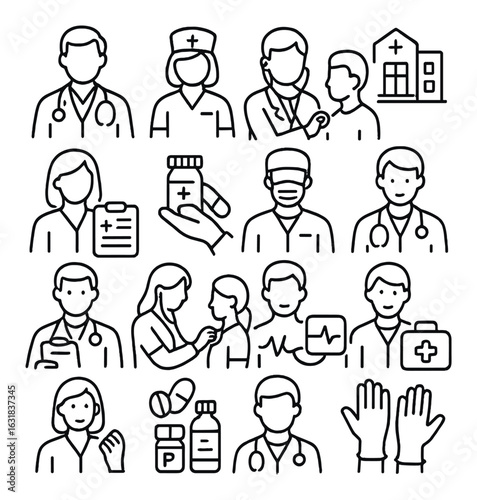 Healthcare linear icon set. containing doctor, nurse, patient, pills, hospital, consultation, stethoscope, medicine, gloves, chart.