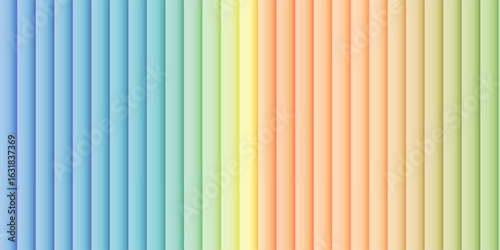 Gradient of vertical bars blend from blues to greens, yellows, and oranges, creating an inviting, softly hued, and aesthetically compelling backdrop with cylindrical forms