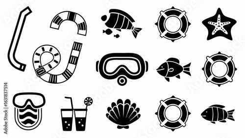 Collection of summer themed icons including snorkel, mask, fish, and beach vacation elements design silhouette