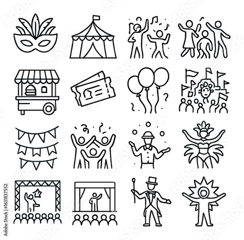 Festival linear icon set. containing mask, tent, dance, cart, tickets, balloons, crowd, performance, magician, parade.