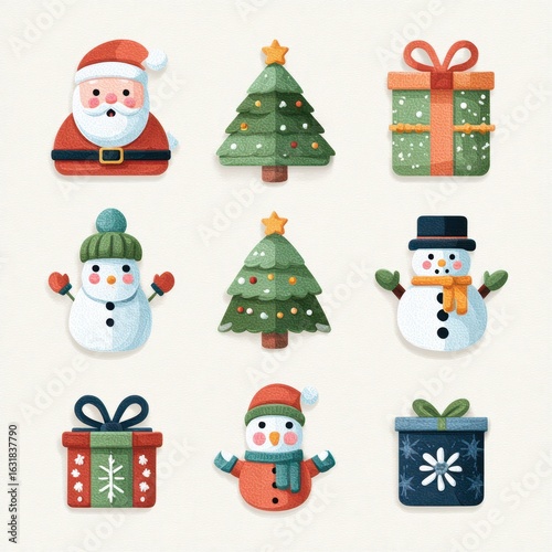 Festive collection of holiday-themed decorations featuring Santa, snowmen, Christmas trees, and presents arranged in a grid layout