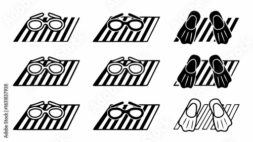 Illustration of swimming goggles and flippers arranged on striped surfaces in a pattern design silhouette