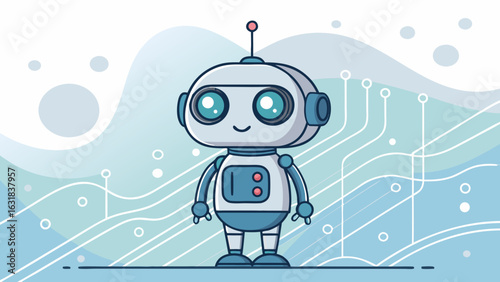 Cute Robot Illustration: A charming robot character, designed with friendly features, stands in front of an abstract circuit board pattern, perfect for representing AI.