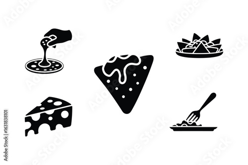 Minimalistic silhouettes of cheese and nachos with dipping sauce fork plate