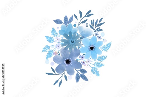 Watercolor blue floral arrangement on white background