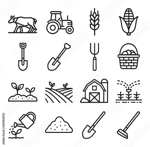 Agriculture linear icon set. including tractor, shovel, barn, crops, watering, wheat, corn, and more.