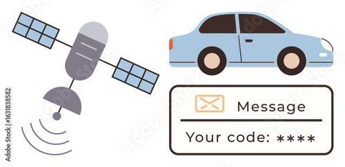Satellite sending signals to a car for tracking or navigation, accompanied by a secure message code notification. Ideal for technology, security, navigation, communication, automation, geolocation