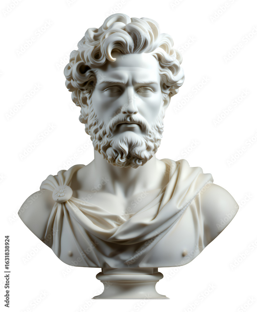Obraz premium White Marble Bust with Curly Hair and Beard, Transparent Background, 3D Realism Portrait Bust