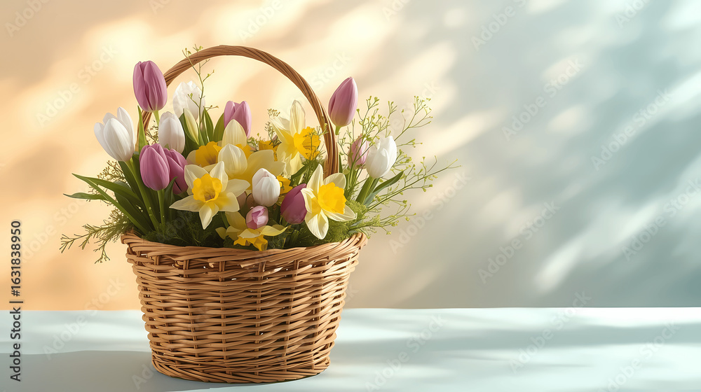 Obraz premium A lovely flower basket filled with tulips and daffodils for a valentine's day gift.