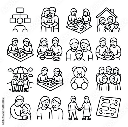 Family silhouette icon set. includes parents, children, home, playtime, family group, love.