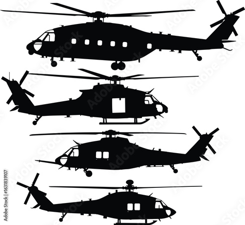 Military helicopter silhouettes set, army aircraft vector illustration, black chopper icons collection, combat aviation shapes, war transport helicopter design isolated graphic