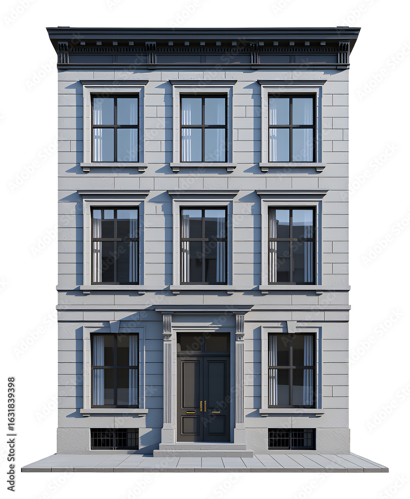Fototapeta premium White Stone Building Facade with Black Door, Transparent Background, 3D Realism Architectural Asset