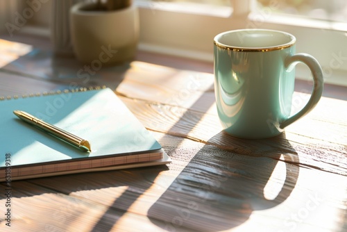 Serene Morning Teal Mug Golden Pen and Notebook on Wood Table by Window with Sunlight Cozy Workplace Journaling and