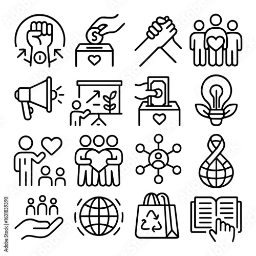 Charity linear icons set: donation, community, support, fundraising, awareness, environment, education