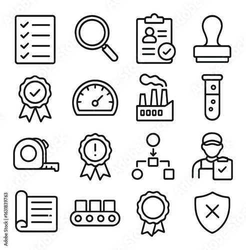 Business linear icon set: checklist, magnifying glass, stamp, award, factory, gauge, flowchart, shield, clipboard