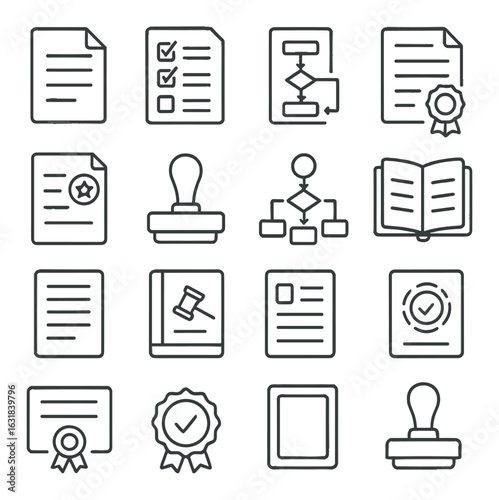 Legal and office linear icon set. featuring document, checklist, flowchart, stamp, certificate, organization.