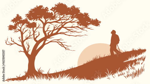 Silhouette of a Man Walking Uphill Near a Tree at Sunset.