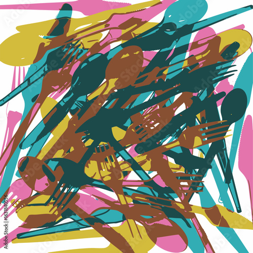 Colorful abstract background with a chaotic jumble of cutlery silhouettes. Vector illustration of forks and spoons for dining concepts.