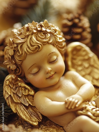 Sleeping cherubic angel figurine.  Golden wings, floral crown, peaceful expression.  Close-up