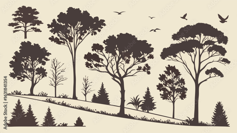 Obraz premium Silhouette Trees and Birds Depicting a Natural Landscape Scene.