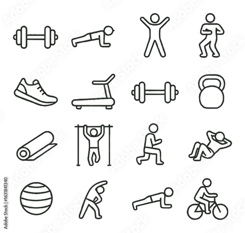 Fitness linear icon set. featuring dumbbell, push-up, dance, sneaker, treadmill, kettlebell, yoga mat, and more.