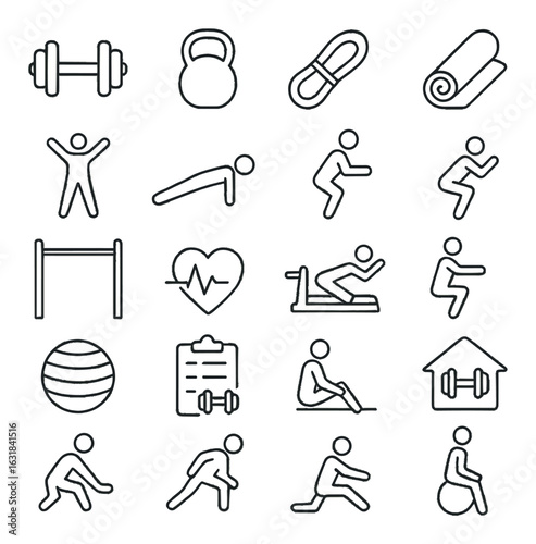 Fitness linear icon set. containing dumbbell, kettlebell, jump rope, yoga mat, stretching, heart rate, treadmill, gym.