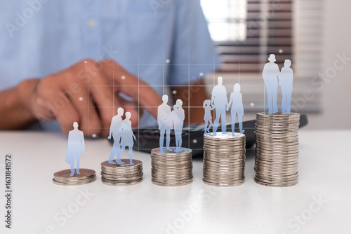 Human life cycle on stack of coins to prepare a pension fund. A man saving money for retirement planning concept.