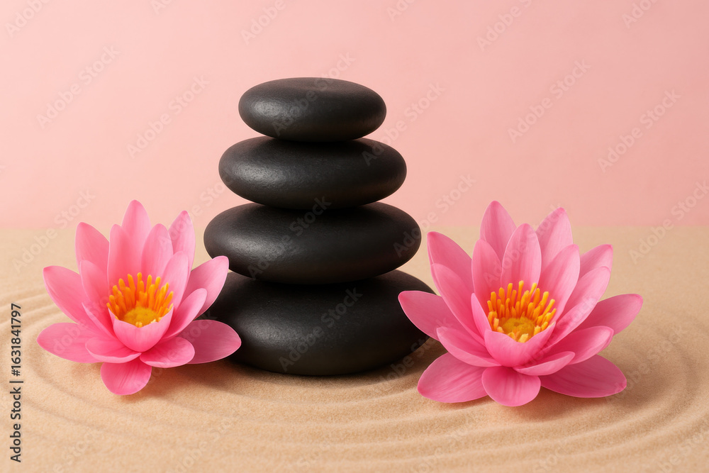 Fototapeta premium Calm spa atmosphere with stacked black stones and pink lotus flowers on soft sand, creating serene and peaceful setting