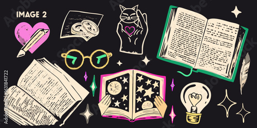 Whimsical collection of books writing tools and magical elements on a dark background