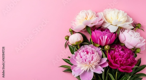 Fototapeta Naklejka Na Ścianę i Meble -  Pink and white peonies bouquet with green leaves on a pink background peony flower