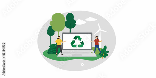 People and laptop with recycling symbol in nature scene