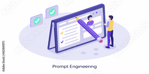 Man uses giant pencil to interact with a digital interface for prompt engineering