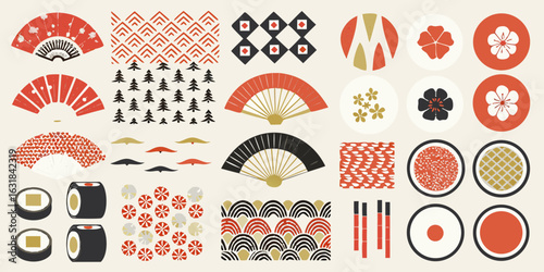 Japanese inspired patterns and motifs featuring fans flowers and sushi
