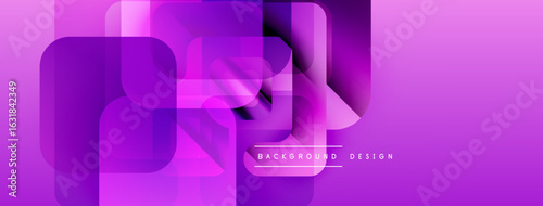 Abstract purple layers create dynamic composition. Modern design features overlapping squares, gradients, text elements. Minimalist aesthetic.