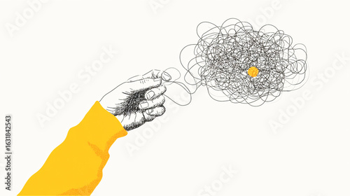 A hand pulling out the tangle of strings and threads that symbolize complex inner thoughts