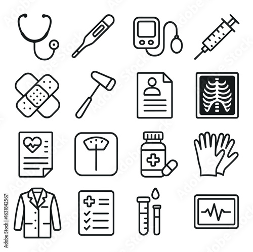 Medical linear icon set. includes stethoscope, thermometer, syringe, xray, report, scale and more.