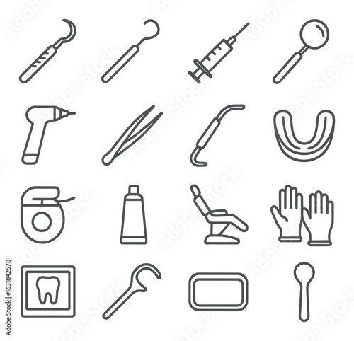 Dental linear icon set: probe, syringe, mirror, drill, tweezers, floss, toothpaste, chair, gloves, mouthguard