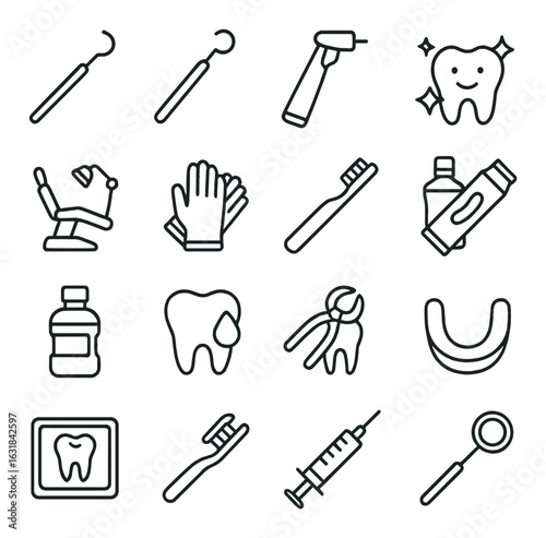 Dental linear icon set. includes tooth, brush, floss, drill, gloves, mirror, syringe, toothpaste, mouthwash.
