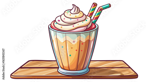 A creamy vanilla milkshake sits in a clear glass. Rainbow sprinkles crown the whipped top. Smooth texture swirls inside. Wooden table beneath adds warmth, charm, simplicity, and sweet nostalgia. white