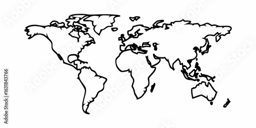A simple black and white outline of the world map showing continents and major landmasses clearly