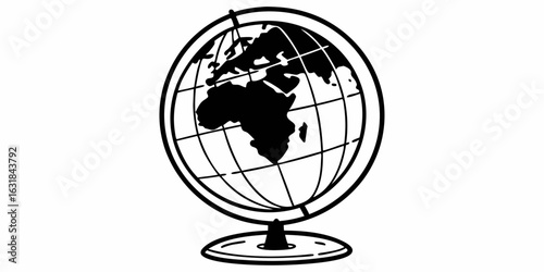 A black and white illustration of a globe showing africa and europe on a stand with lines