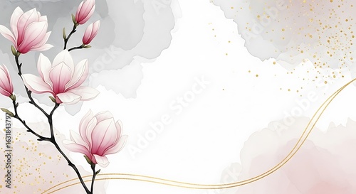 Pink Magnolia Blossoms with Gold Accents and Watercolor Wash Background flower white
