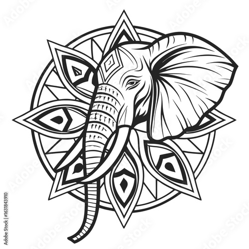 Zen tangle Elephant Head Vector – Black and White Line Art