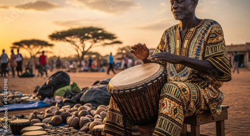 African Drummer Playing Traditional Djembe at Sunset Market, Senegal