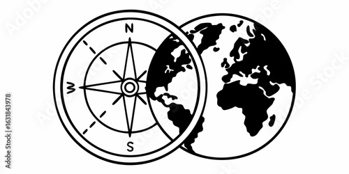 A black and white illustration of a compass overlapping a globe with continents displayed clearly visible
